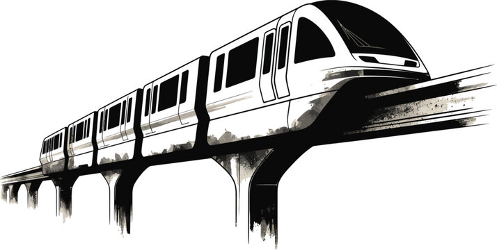 Monochromatic silhouette of modern monorail train speeding on elevated tracks against pure white background