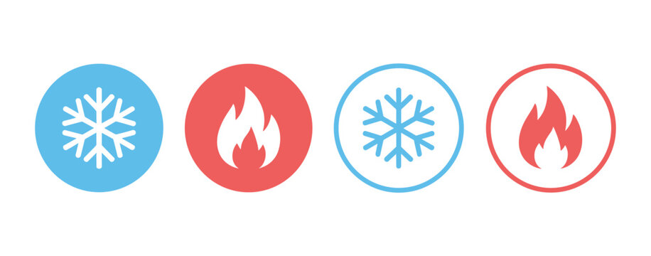 Hot and Cold Icons: Simple, clean graphic representation of contrasting temperatures. fire and ice, weather symbol, opposite concept, temperature contrast.