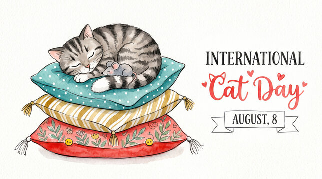 Cute cat sleeping on colorful cat bed for international cat day