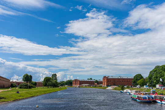 Panoramic view of Kronverksky Strait and Military Historical Museum in Saint Petersburg