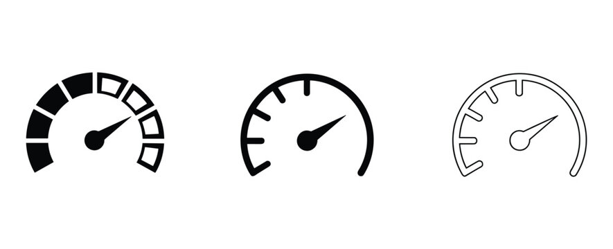 Speedometer Icon Set: Three distinct speedometer icons representing speed and performance. performance indicator, speed meter, rapid growth, high speed, velocity measurement.