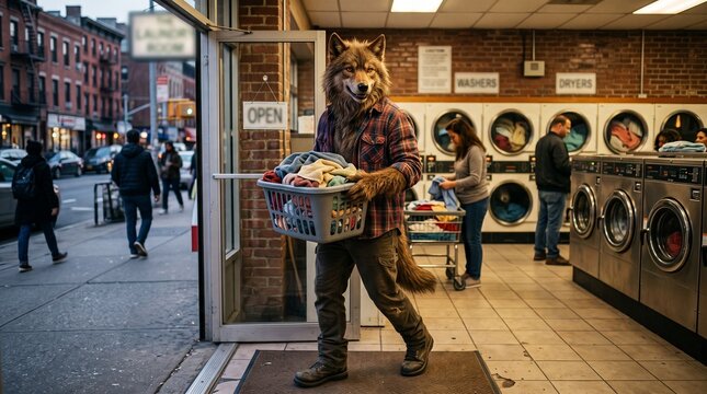 Halloween werewolf character carrying laundry basket in laundromat with people doing laundry