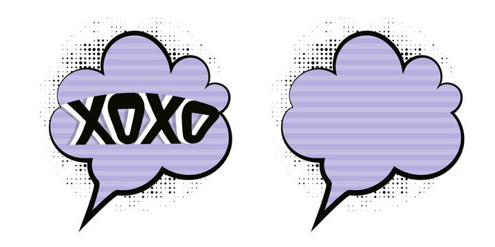 Purple comic speech bubbles with black outlines and text  one with XOXO  on white background transparent background