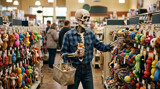Halloween Skeleton in a plaid shirt shops for dog toys in a pet store holding a fox plush and a rope toy