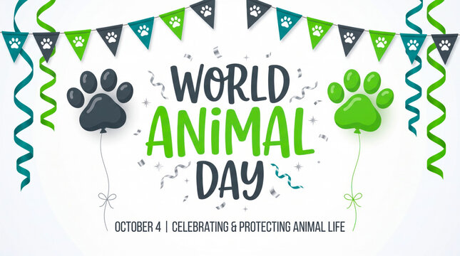 World animal day celebration banner with paw prints and balloons