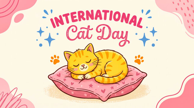 Cute orange kitten sleeping on pink cushion for international cat day