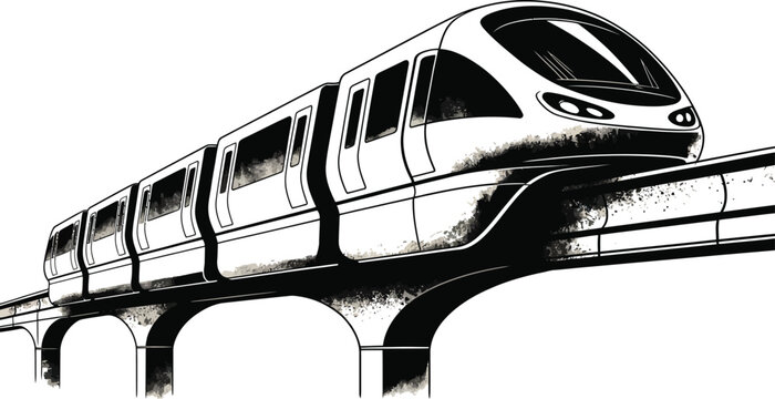 Monochromatic silhouette style illustration of modern monorail train on elevated track with white background for general design use