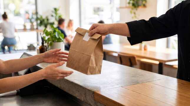 Close up of cashier hand giving paper bag with takeaway food order to customer in modern cafe, lifestyle concept