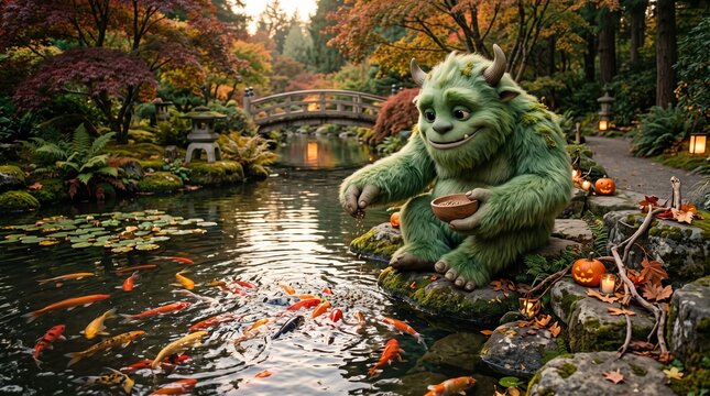 Halloween Friendly green monster feeding koi fish in a serene Japanese garden during autumn with pumpkins and lanterns