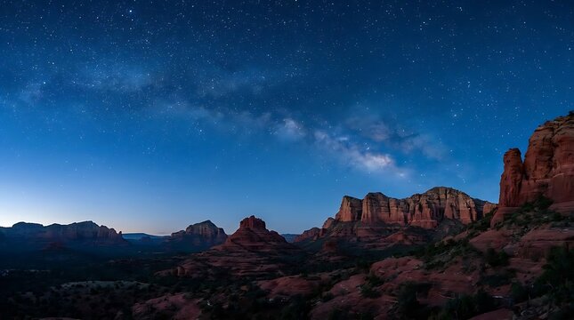 Stunning milky way galaxy shines bright over the red rock mountains of sedona vortex during a clear blue night in the desert landscape of arizona