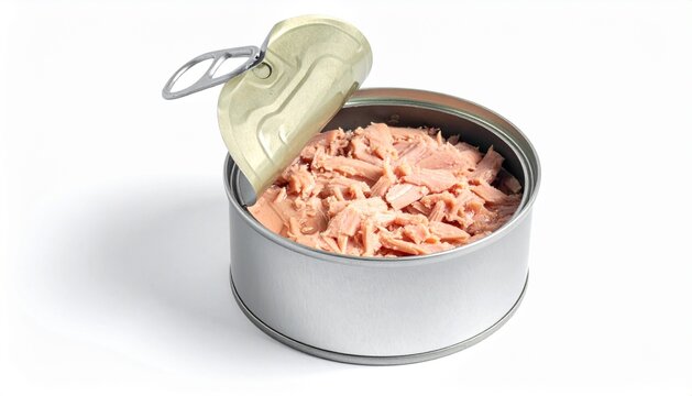 Open Tin Can of Tuna Fish Flakes Isolated on White Background