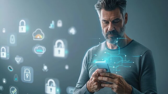 Professional man engages with a smartphone while holographic security symbols materialize in the space before him.