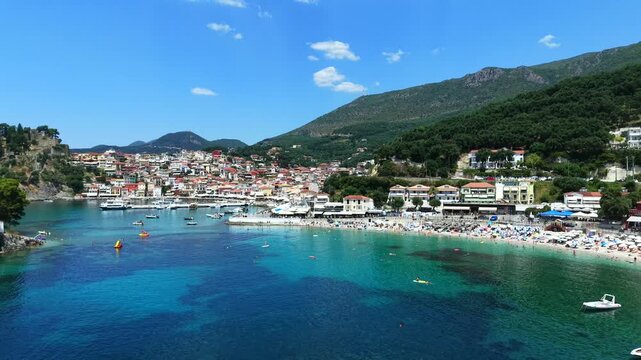 Parga Greek mainland town, aerial view of a mainland coastal town in Greece