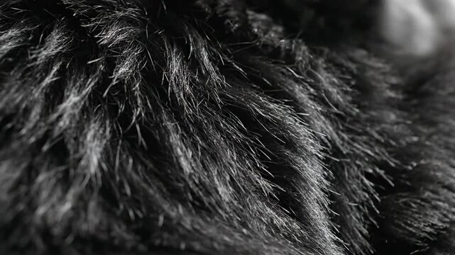 Close-up view of a dark furry animal's textured coat surface