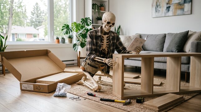 Halloween Skeleton assembling flat pack furniture with instructions in a modern living room