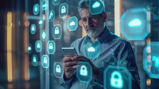 Professional man interacts with a glowing holographic interface displaying secure file storage icons.
