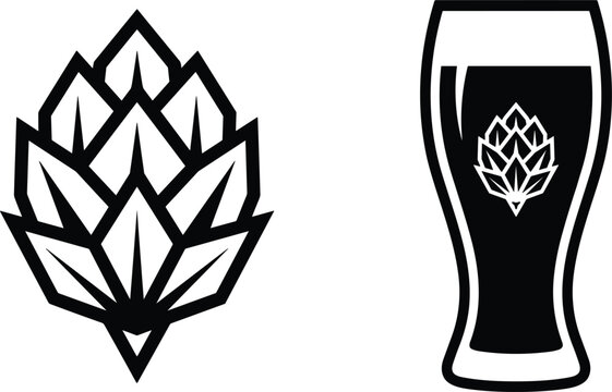 Craft beer glass logo and hop cone icon set isolated on white background vector illustration for brewery branding