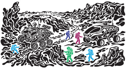 Psychedelic vector illustration of astronauts and space rovers exploring an alien planet surface with organic black and white patterns © mbg