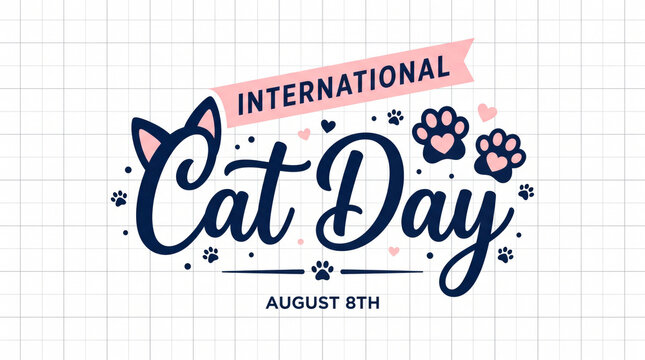 International cat day illustration with paw prints and cat silhouette