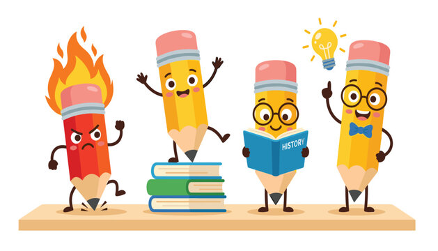 Cute pencil characters set with back to school themes reading books having ideas and angry burning pencil flat vector illustration