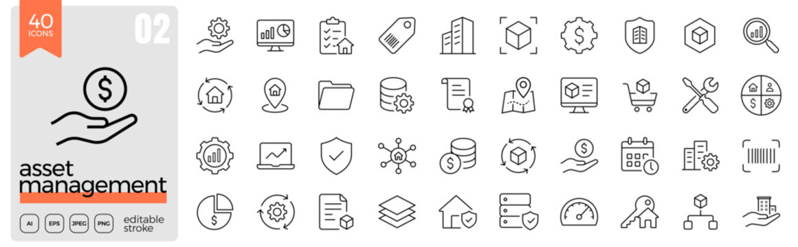 Asset management line icon set. Asset tracking, inventory, equipment, maintenance, lifecycle, monitoring, resource management, business operations. Editable stroke. Vector illustration