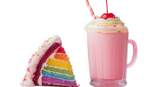 Rainbow layer cake slice and pink milkshake with whipped cream and cherry topping isolated on transparent background for dessert menu design with multi colored rainbow