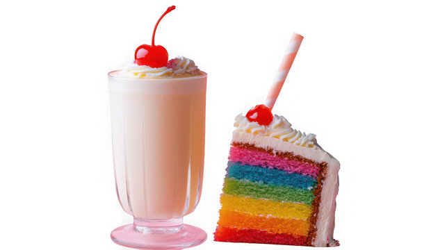 Vanilla milkshake with cherry and rainbow cake slice isolated on transparent background for design with milkshake topped whipped colorful layered rainbow displays creamy vanilla