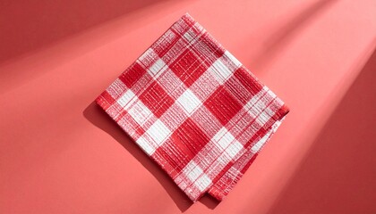 Obraz premium Red and White Checkered Kitchen Towel on Coral Background with Sunlight Shadows Flat Lay