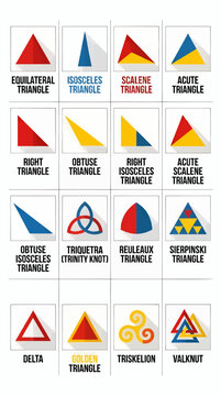 Geometric Triangle Shapes and Symbols Collection, Flat Design with Long Shadows, Featuring Equilateral, Isosceles, Scalene, Acute, Obtuse, Right Triangles, Triquetra, Reuleaux, Sierpinski, Delta
