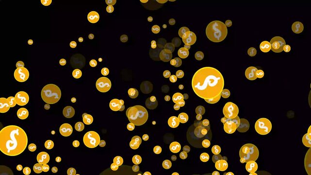 Bright golden dollar symbol white coins rotating and dropping smoothly on black background, seamless loop animation perfect for banking, fintech, finance, profit and wealth marketing projects.