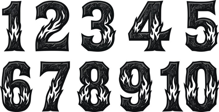 A collection of stylized numbers from 1 to 10, each featuring a fiery, embossed texture and a dark, stone-like appearance.