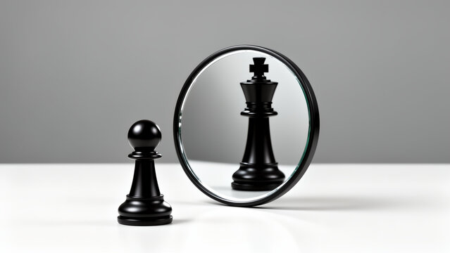 A single black chess pawn standing in front of a mirror reflecting a king piece.