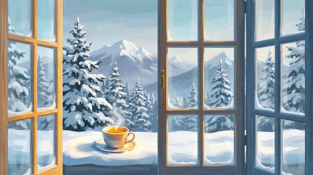 Cozy morning cup of hot beverage overlooking winter snowy pine forest