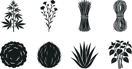 Set of natural fiber plants and raw materials including hemp flax sisal and rope vector silhouettes © itz moni