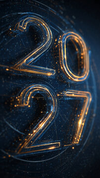 Futuristic glowing numbers "2027" float in digital space. Blue and gold light pulses create tech vibe. Perfect for tech, finance, or future-themed projects. Suitable for presentations, websites