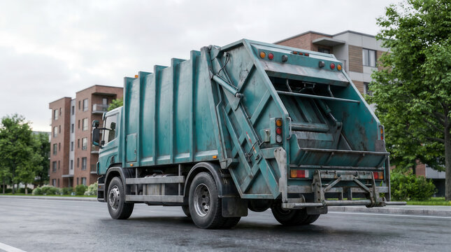 A green garbage truck driving on a city street during the day.
