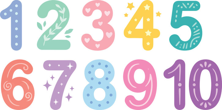 A colorful collection of numbers from 1 to 10, each with a unique decorative pattern and pastel color.