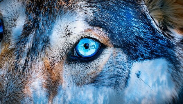 extreme close up of a wolf s piercing blue eye with a clear reflection of snowy mountains and forest in the iris