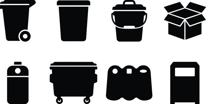 Set of trash can and waste bin silhouettes including dumpster and box vector icons