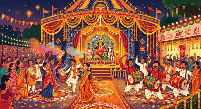 Colorful illustration of traditional dhunuchi dance and dhak drummers at Bengali autumn festival