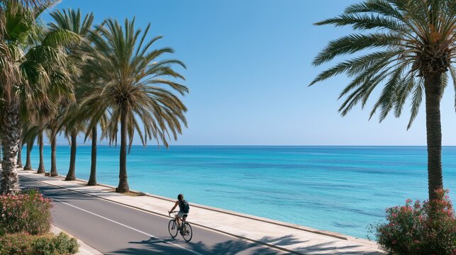 Person riding a bicycle on a coastal path beside turquoise ocean and palm trees. Bright summer sunshine, clear sky, and a vacation atmosphere create a feeling of freedom, travel.