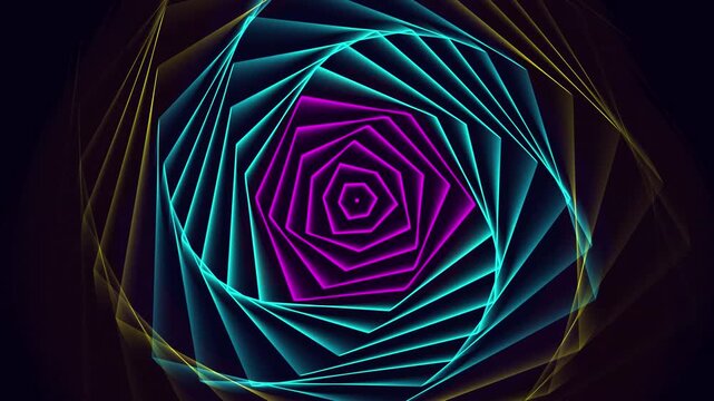 Abstract Geometric Tunnel with Glowing Neon Pentagons Rotating in a Dark Deep Space Background Visualization