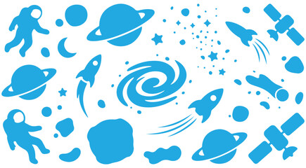 Outer space vector icon set featuring blue silhouettes of astronauts rockets planets satellites and stars © mbg