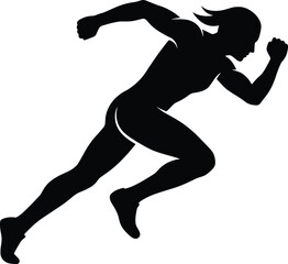 Black silhouette of a female runner in a dynamic sprinting pose isolated on a plain white background, surface area © Aysha