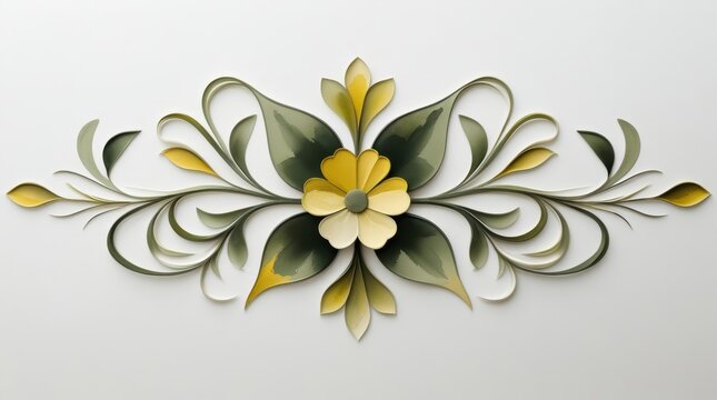 Decorative floral scroll ornament with green and yellow leaves