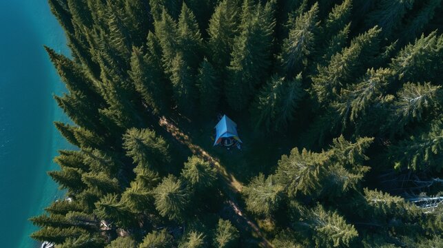 Aerial top view of a bright camping tent hidden among pine trees beside a crystal turquoise mountain lake. Minimal outdoor scene showing peaceful wilderness, summer adventure, and nature escape.
