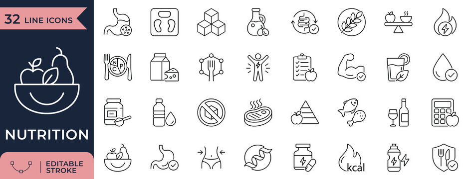 nutrition icon set. Health and food related line icons. vitamins, minerals, balanced diet, meal plan, protein, fruits and vegetables Editable stroke
