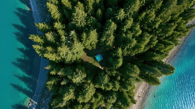 Top-down drone view of a colorful camping tent surrounded by pine forest near a turquoise mountain lake. Peaceful summer wilderness landscape with minimalist composition, perfect for travel.