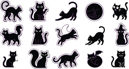 Fototapeta premium Black cat stickers in various poses and styles for halloween black cats cartoon feline