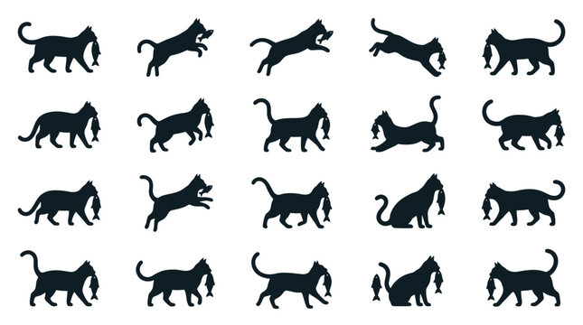 Set of black cat silhouettes in various action poses like jumping, walking, and sitting, each holding a fish in its mouth, isolated on a white background for graphic design.